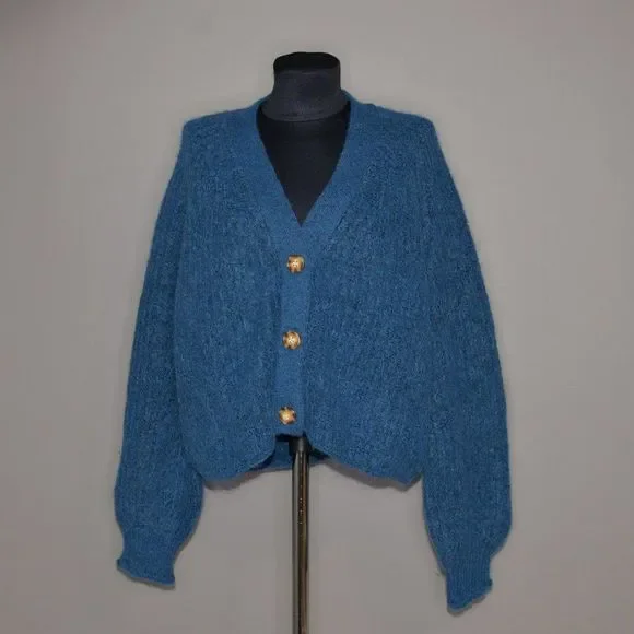 SOLD - NWT Zara Oversized Knit Blue Bubble Sleeved Cardigan Sz S - Picture 2 of 7